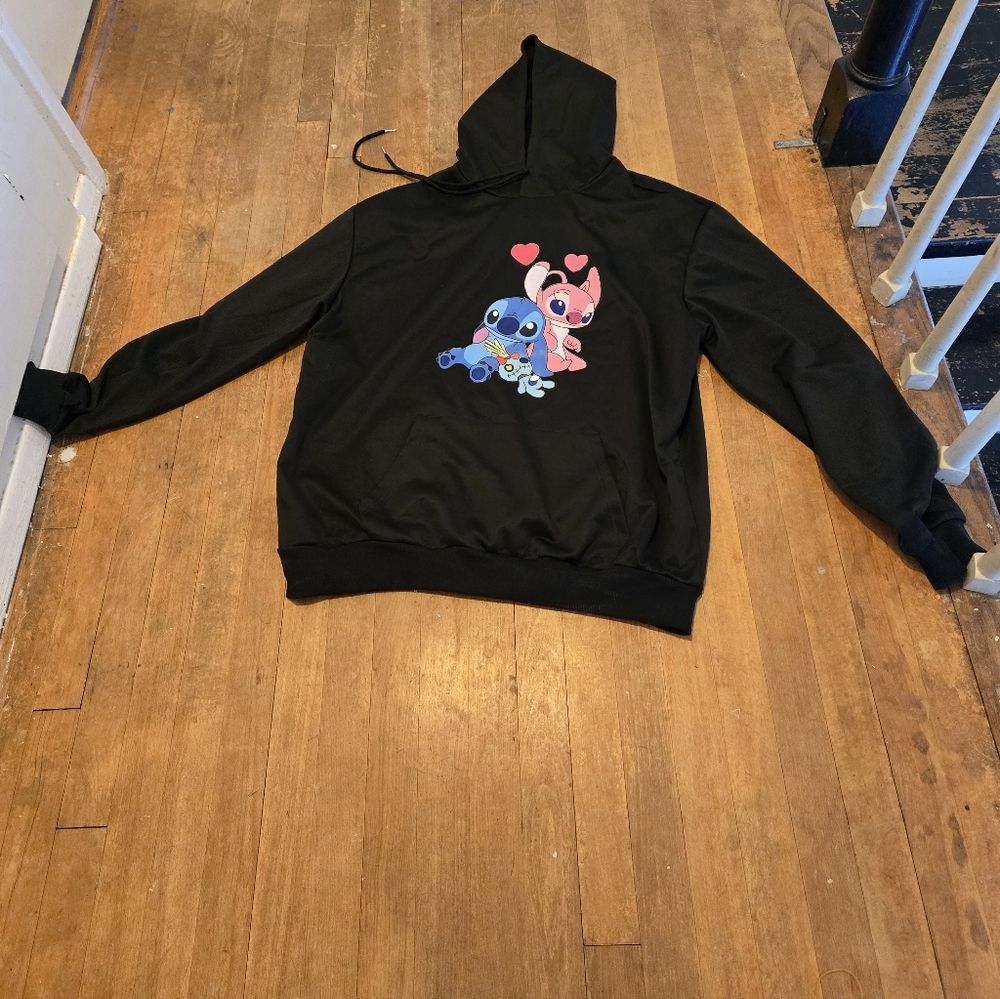 SHEIN Black Hoodie with Blue & Pink Cartoon Stitch Graphic